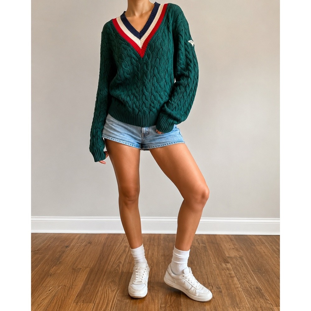 VTG Cable Knit V Neck Cricket Tennis Sweater Wool Blend Preppy Old Money Green